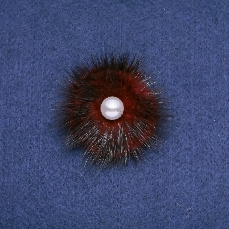 Mink Fur Brooch Burgundy with Bead, Diameter 50mm