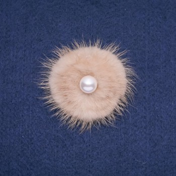 Mink Fur Brooch Beige with Bead, Diameter 50mm