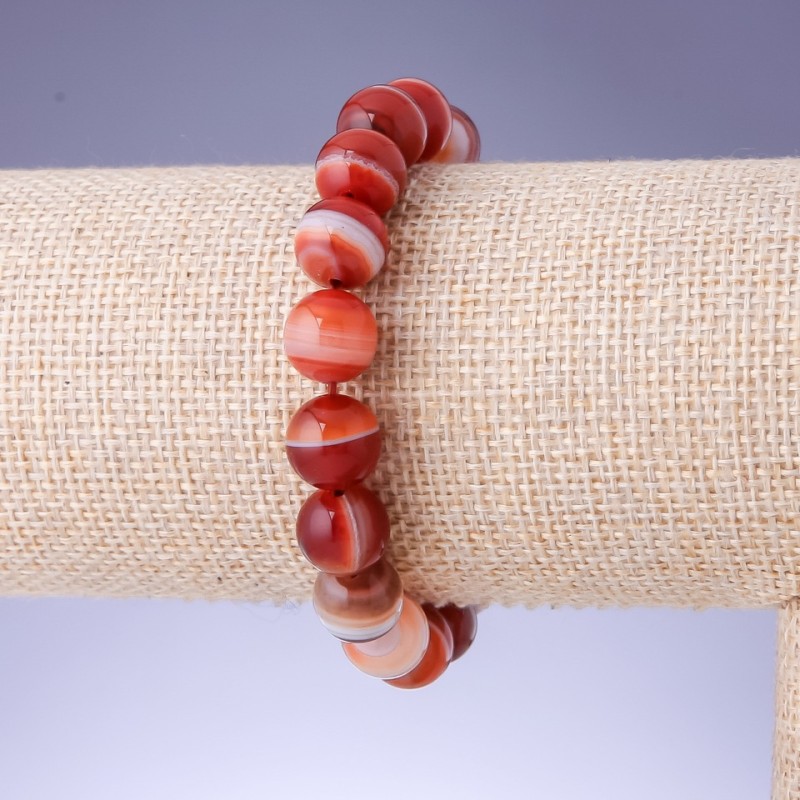 Sardonyx Natural Stone Bracelet on Elastic, Smooth Round Beads, Diameter 10mm+