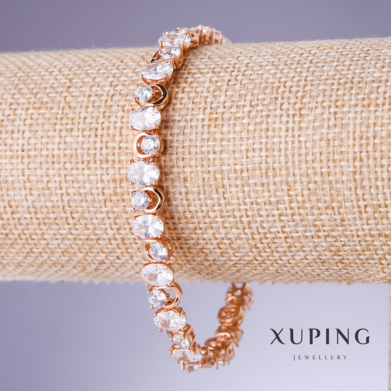Xuping Bracelet with White Zircons, 7mm Thick, 17-19.5cm Length, 18K Gold Plated