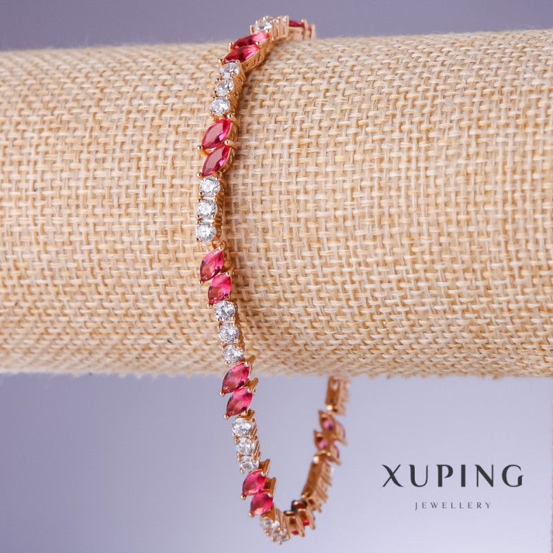 Xuping Bracelet with Red Zircons "Ruby", 5mm Thickness, 18-21cm Length, 18K Gold Plating
