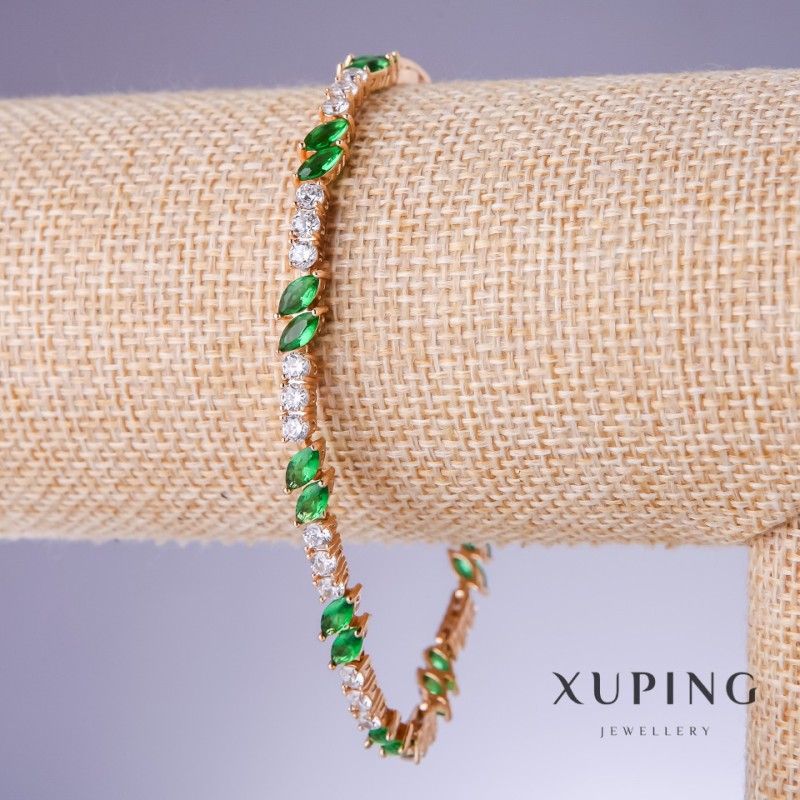 Xuping Bracelet with Green Zircons "Emerald", 5mm Thickness, 18-21cm Length, 18K Gold Plating