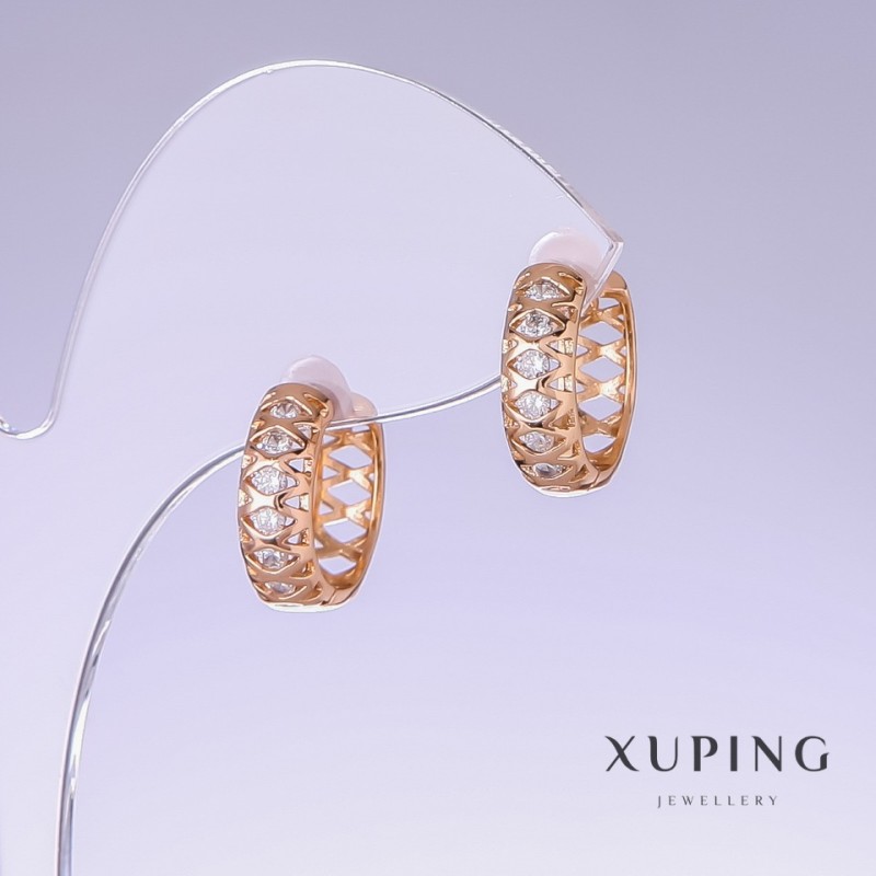 Xuping Earrings with White Zircon, Length 16mm, Thickness 5mm, 18K Gold Plating