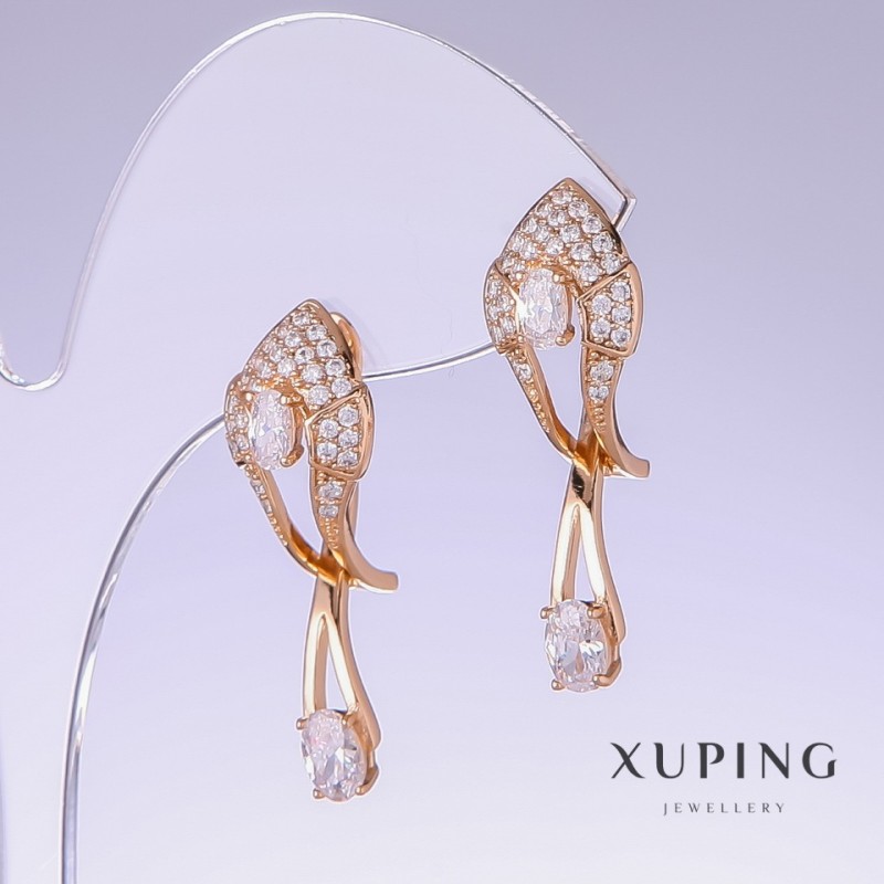 Xuping Earrings with White Zircon, Length 31mm, Thickness 10mm, 18K Gold Plating