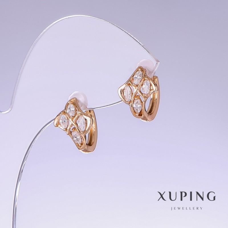 Xuping Earrings with White Zircon, 13mm Length, 9mm Thickness, 18K Gold Plating