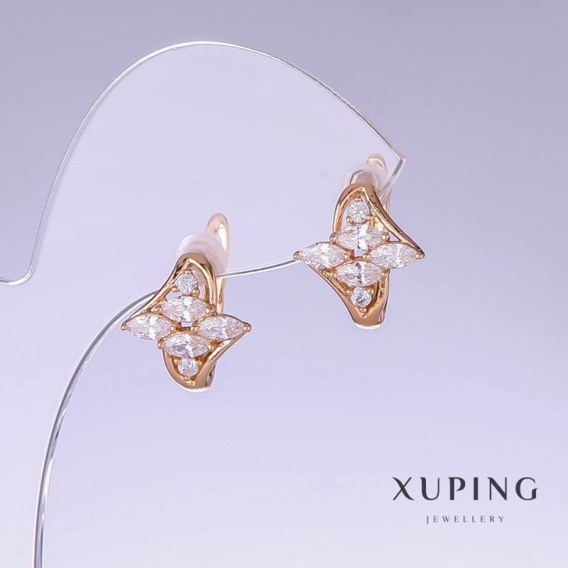 Xuping Earrings with White Zircon, 14mm Length, 13mm Thickness, 18K Gold Plating