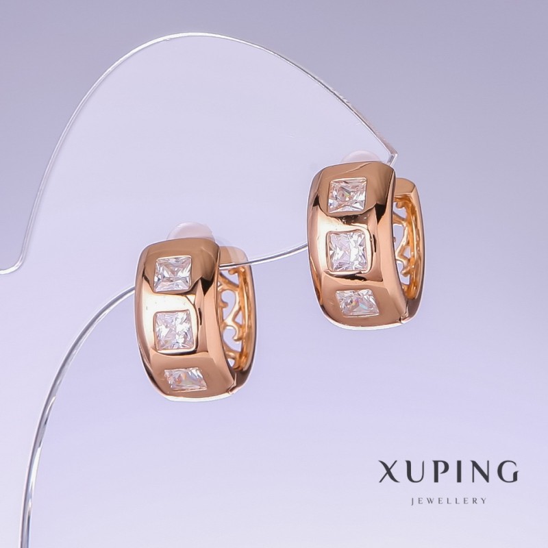 Xuping Earrings with White Zircon, 17mm Length, 8mm Thickness, 18K Gold Plating