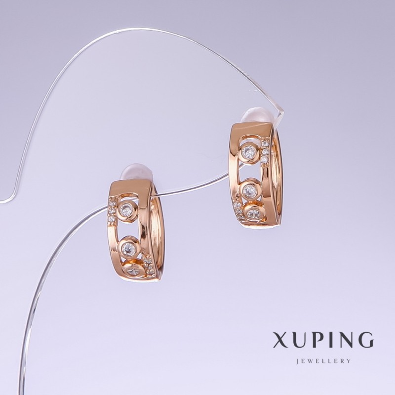 Xuping Earrings with White Zircon, 15mm Length, 6mm Thickness, 18K Gold Plating
