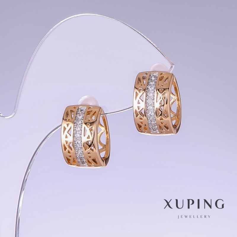Xuping Earrings with White Rhinestones, 15mm Length, 8mm Thickness, 18K Gold Plating