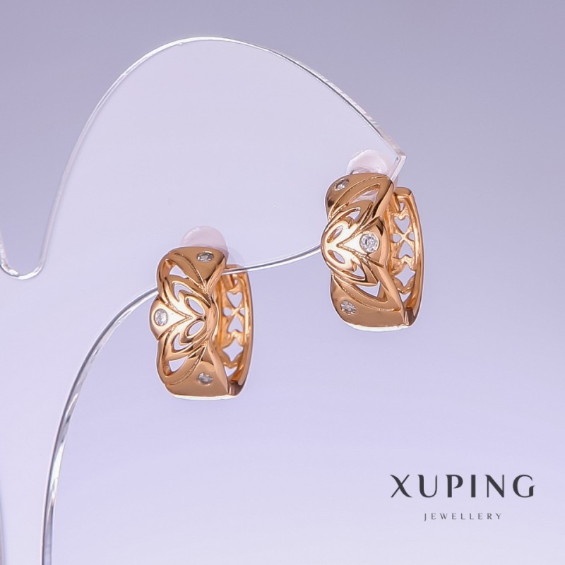 Xuping Earrings with White Rhinestones, 16mm Length, 7mm Thick, 18K Gold Plated