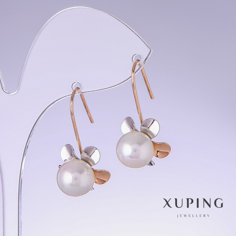 Xuping "Majorca" Flower Earrings with White Pearls, 30mm Length, 15mm Thick, 18K Gold Plated