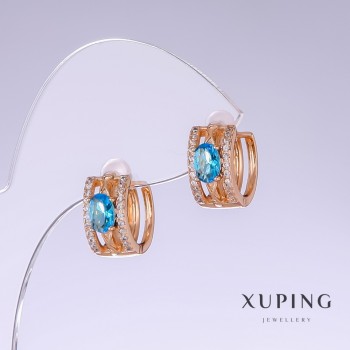 Xuping Earrings with Blue "Topaz" Zircon, 13mm Length, 7mm Thick, 18K Gold Plated