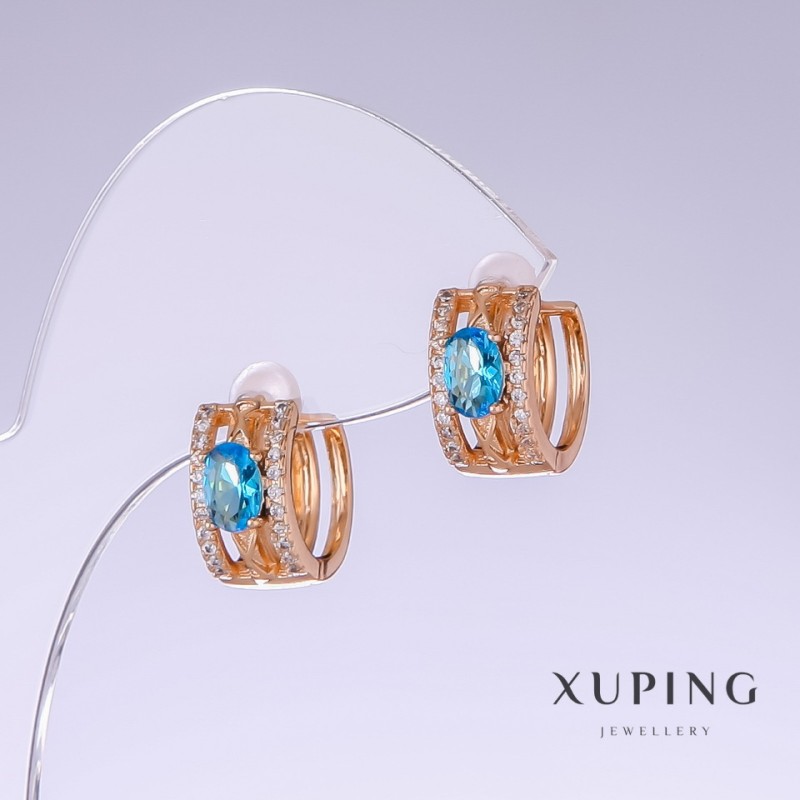 Xuping Earrings with Blue "Topaz" Zircon, 13mm Length, 7mm Thick, 18K Gold Plated