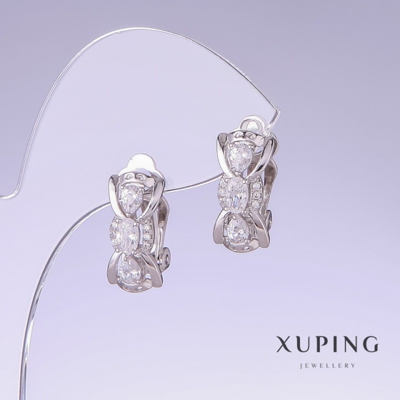 Xuping Earrings with White Zircons, 17mm Length, 8mm Thickness, Rhodium