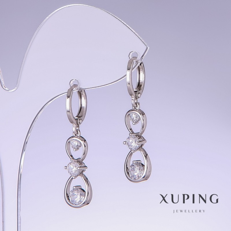 Xuping Earrings with White Zircons, 32mm Length, 9mm Thickness, Rhodium
