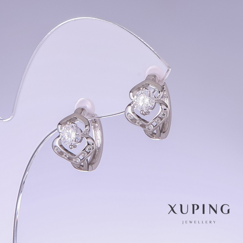 Xuping Earrings with White Zircons, 15mm Length, 10mm Thickness, Rhodium