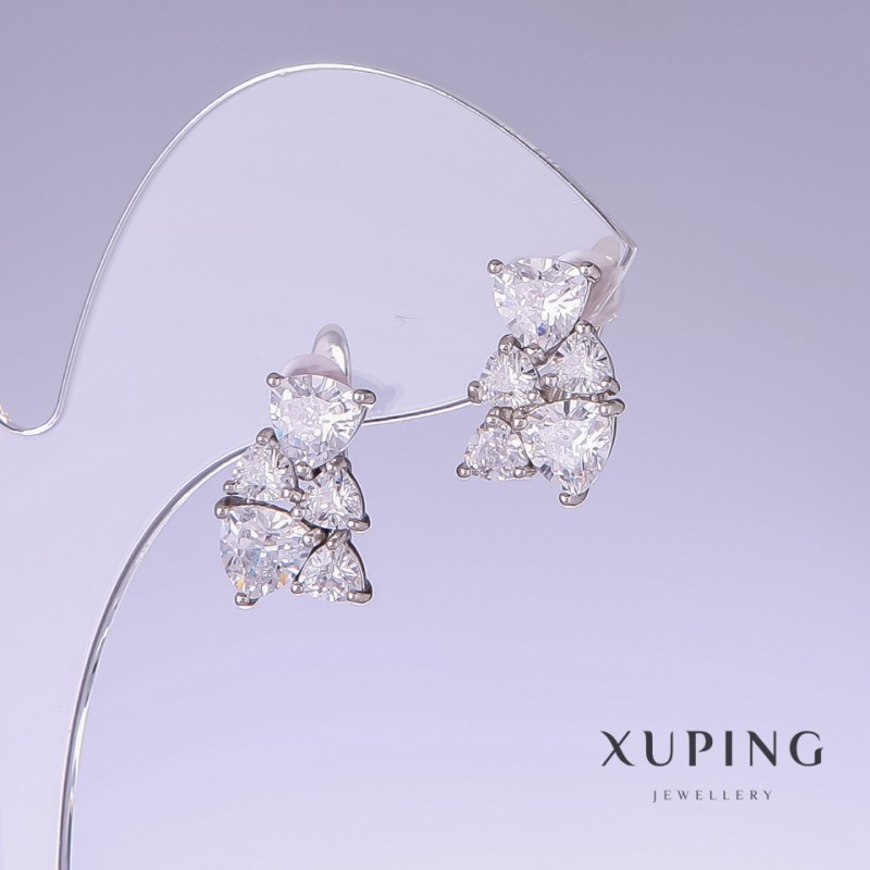 Xuping Earrings with White Zircons, 15mm Length, 10mm Thickness, Rhodium