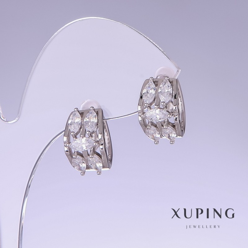 Xuping Earrings with White Zircons, 15mm Length, 10mm Thickness, Rhodium