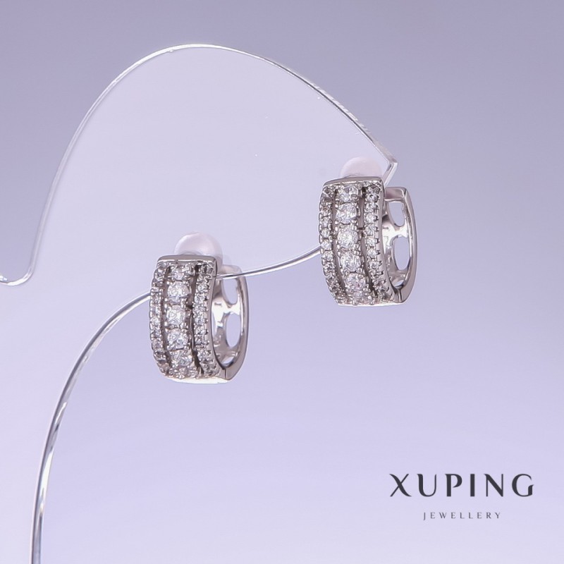 Xuping Earrings with White Rhinestones, 14mm Length, 6mm Thickness, Rhodium