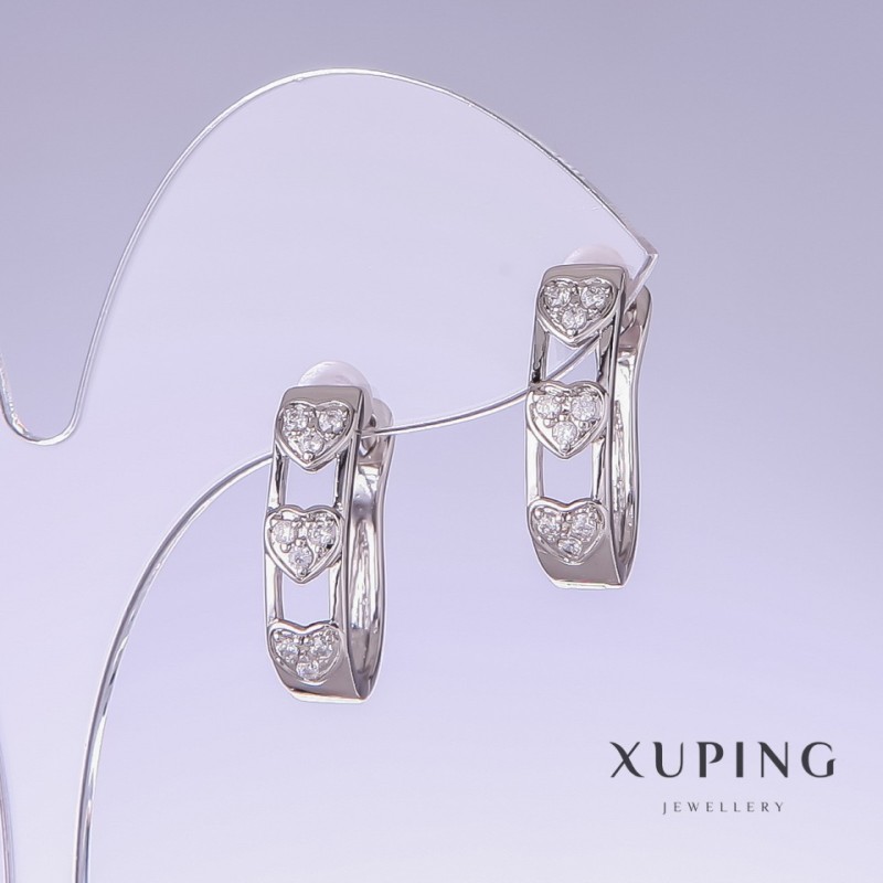 Xuping Earrings with White Zircons, 20mm Length, 5mm Thickness, Rhodium