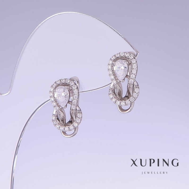 Xuping Earrings with White Zircons, 17mm Length, 9mm Thickness, Rhodium