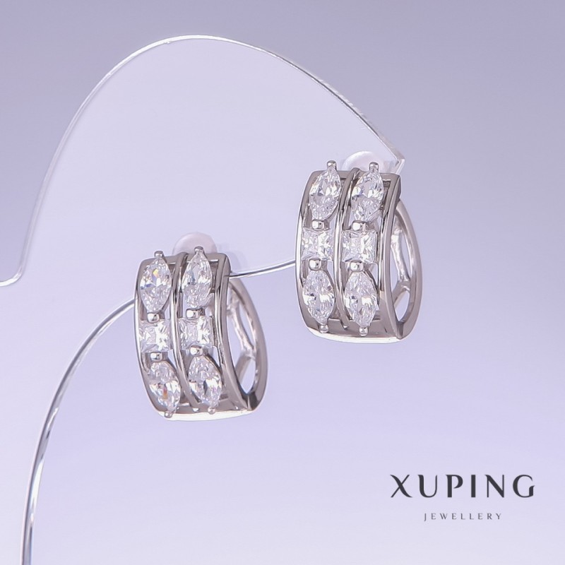 Xuping Earrings with White Zircons, 15mm Length, 9mm Thickness, Rhodium