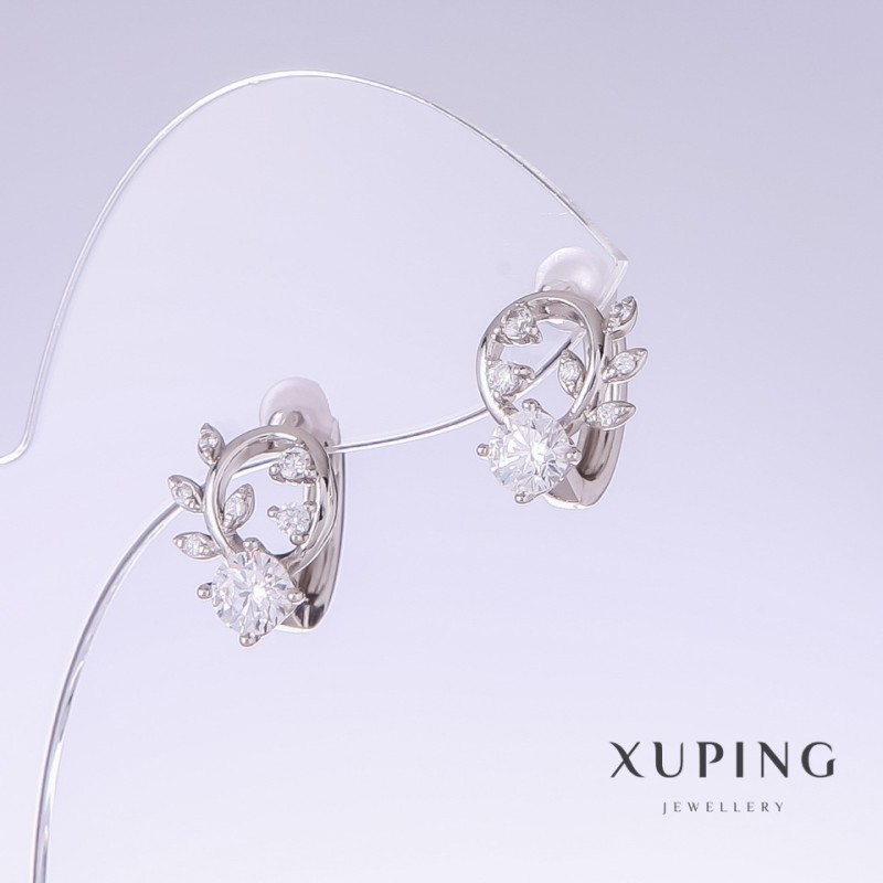 Xuping Earrings with White Zircons, 14mm Length, 10mm Thickness, Rhodium