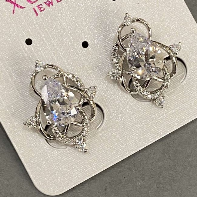 Xuping Earrings with White Zircons, 22mm Length, 17mm Thickness, Rhodium