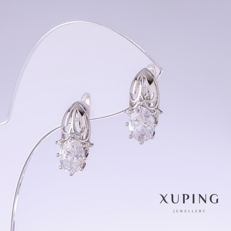 Xuping Earrings with White Zircons, Length 17mm, Thickness 9mm, Rhodium