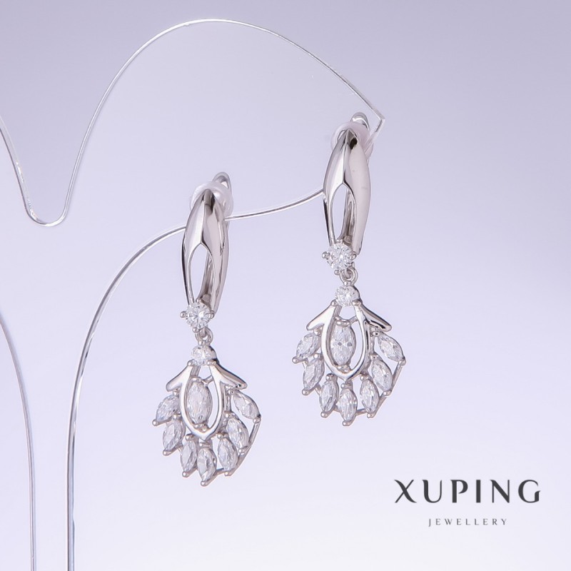 Xuping Earrings with White Zirconia, 35mm Length, 14mm Thickness, Rhodium