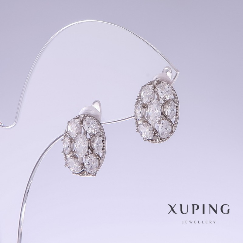 Xuping Earrings with White Cubic Zirconia, Length 14mm, Thickness 10mm, Rhodium