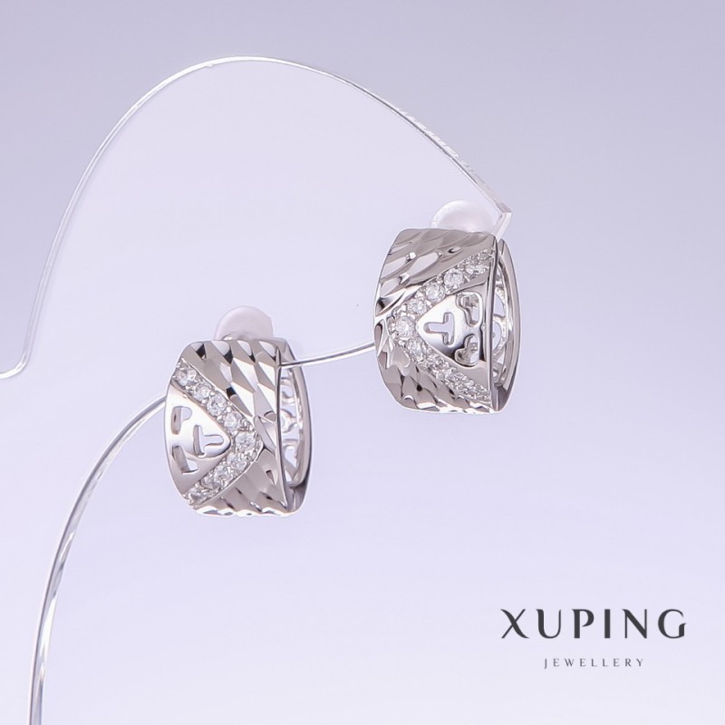 Xuping Earrings with White Rhinestones, Length 15mm, Thickness 9mm, Rhodium