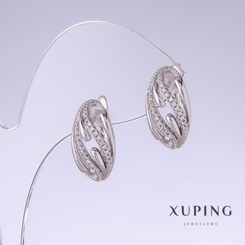 Xuping Earrings with White Rhinestones, Length 18mm, Thickness 9mm, Rhodium