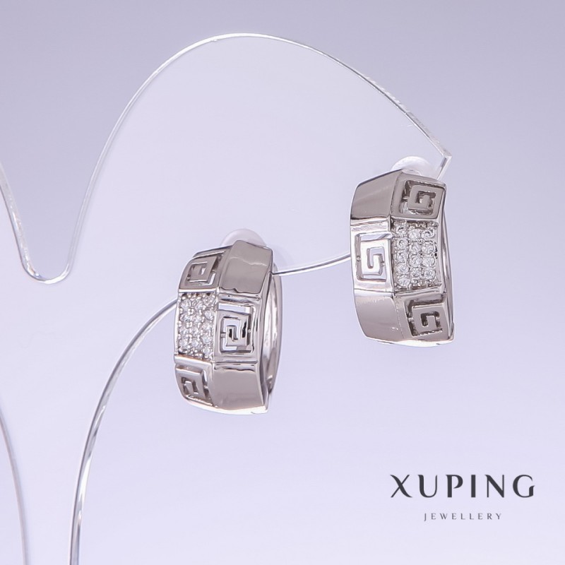 Xuping Earrings with White Rhinestones, Length 17mm, Thickness 9mm, Rhodium