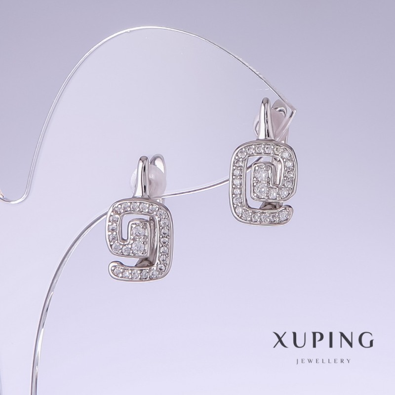 Xuping Earrings with White Rhinestones, 17mm Length, 9mm Thickness, Rhodium