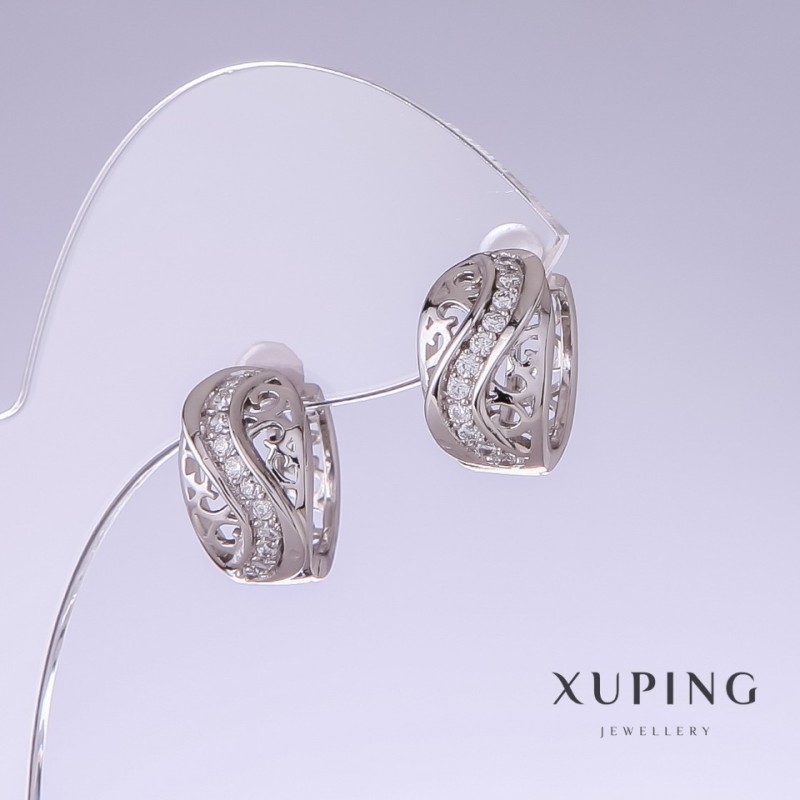 Xuping Earrings with White Rhinestones, Length 15mm, Thickness 10mm, Rhodium