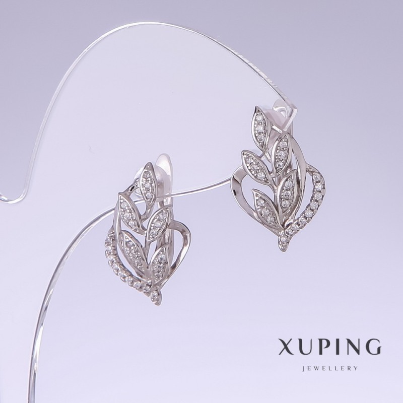 Xuping Earrings with White Rhinestones, Length 19mm, Thickness 12mm, Rhodium