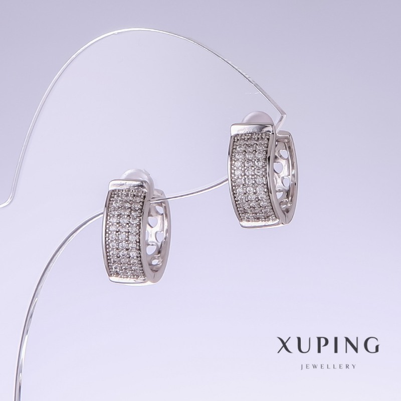 Xuping Earrings with White Rhinestones, Length 15mm, Thickness 6mm, Rhodium