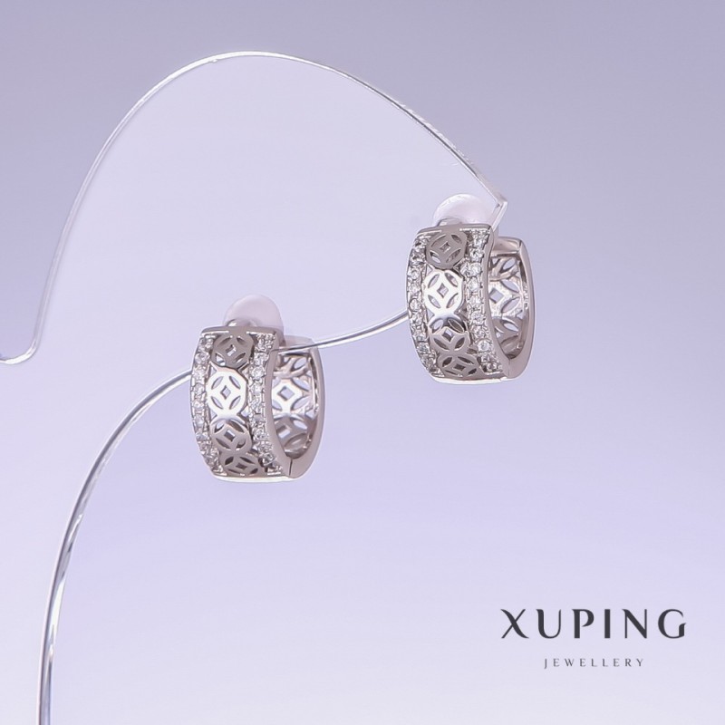 Xuping Earrings, Length 13mm, Thickness 6mm, Rhodium with White Crystals