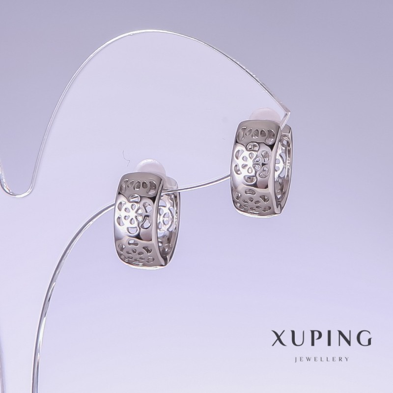 Xuping Earrings, 14mm Length, 6mm Thickness, Rhodium