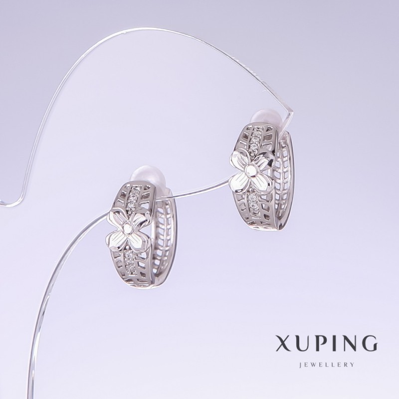 Xuping Earrings with White Rhinestones, 14mm Length, 7mm Thickness, Rhodium