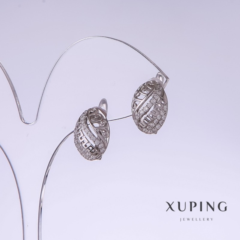 Xuping Earrings, 17mm Length, 9mm Thickness, Rhodium with White Crystals