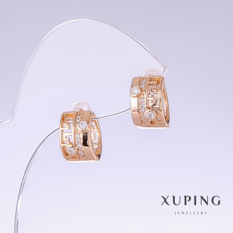 Xuping Earrings with White Rhinestones, Length 13mm, Thickness 8mm, 18K Gold Plating