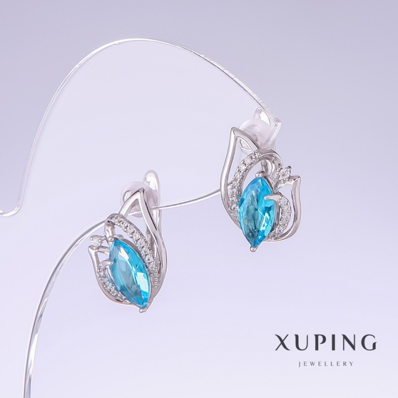 Xuping Earrings with Blue Topaz Zircons, 17mm Length, 10mm Thickness, Rhodium