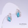 Xuping Earrings with Blue Topaz Zircons, 17mm Length, 10mm Thickness, Rhodium