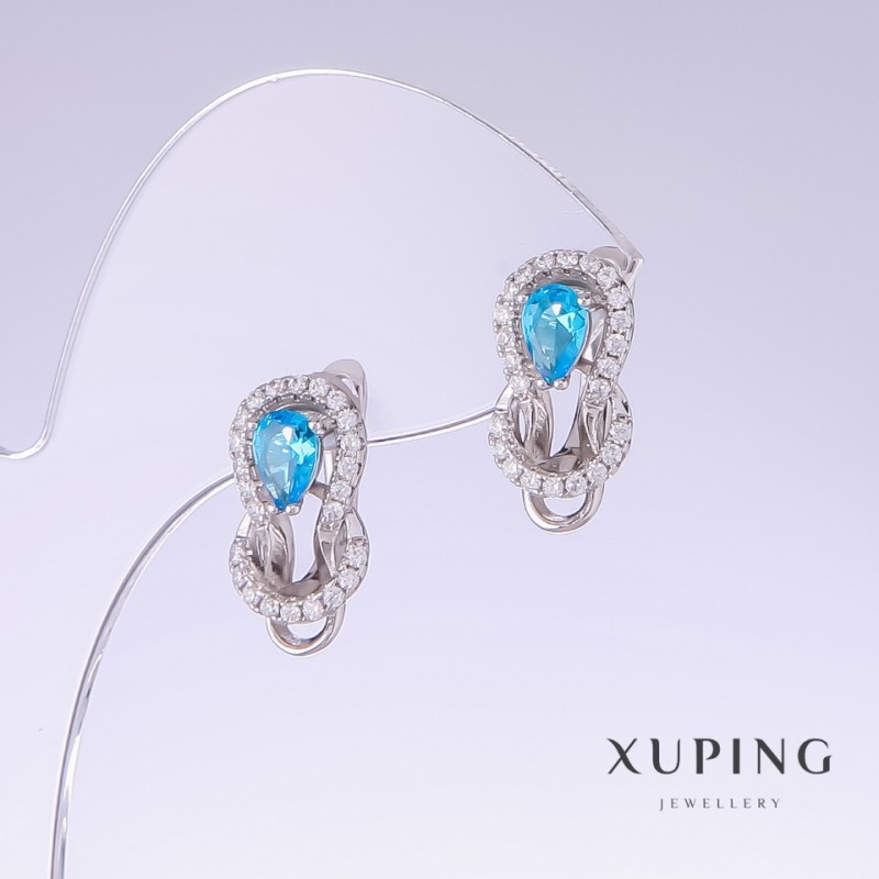 Xuping Earrings with Blue Topaz Zircons, Length 17mm, Thickness 10mm, Rhodium