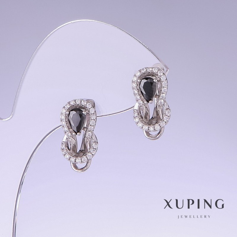 Xuping Earrings with Black Zircons, Length 17mm, Thickness 9mm, Rhodium