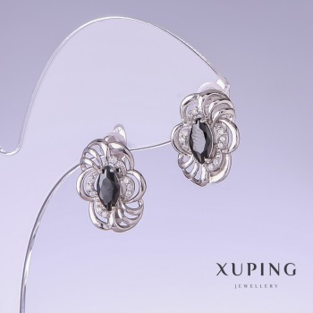 Xuping Earrings with Black Zircons, Length 17mm, Thickness 12mm, Rhodium