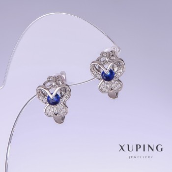 Xuping Butterfly Earrings with Blue Zircons, Length 15mm, Thickness 11mm, Rhodium