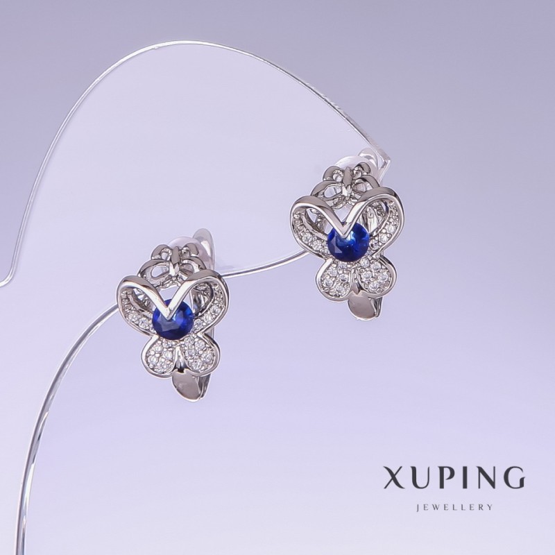 Xuping Butterfly Earrings with Blue Zircons, Length 15mm, Thickness 11mm, Rhodium